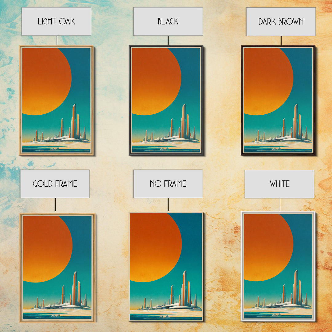Minimalist Future Towers With Giant Sun Wall Art, Midcentury Modern Art Print, Retro Sci Fi Poster, Abstract Desert Decor