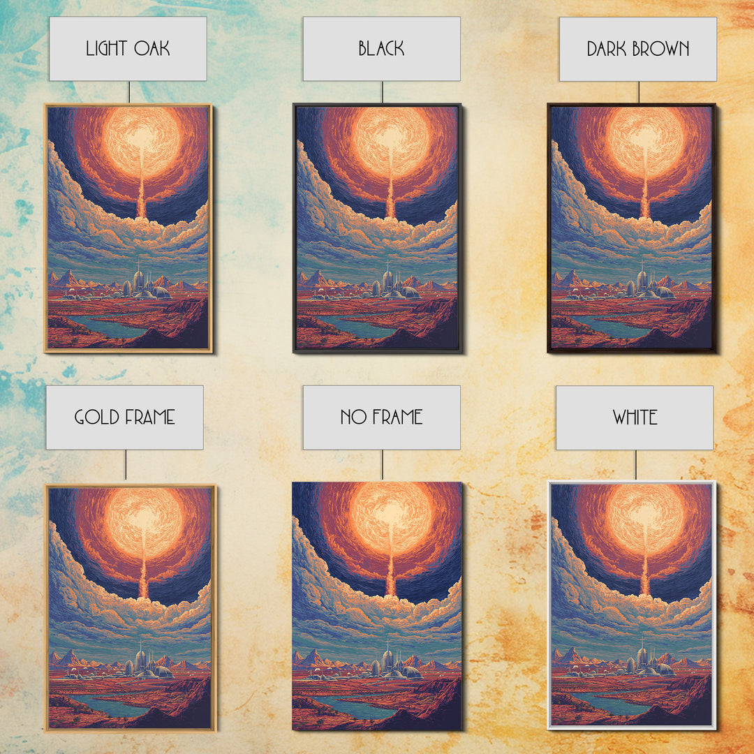 Radiant Solar City And Desert Canyon Wall Art, Retro Sci Fi Landscape Poster, Midcentury Modern Decor, Futuristic Art Print