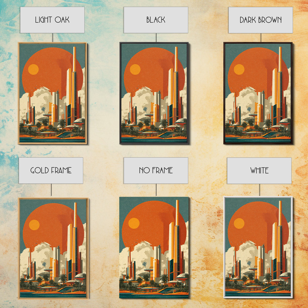 Orange Sun Futuristic Palm City Canvas Print, Retro Travel Poster, Midcentury Modern Wall Decor, Palm Springs Style Art Print