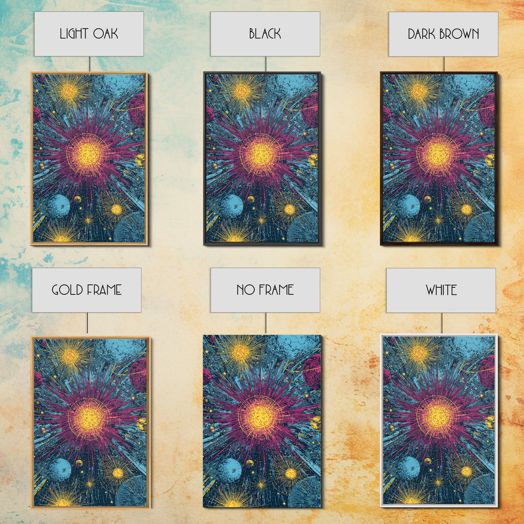 Exploding Stars And Planets Wall Art, Colorful Cosmic Retro Poster, Space Abstract Art, Midcentury Modern Decor Print Gift