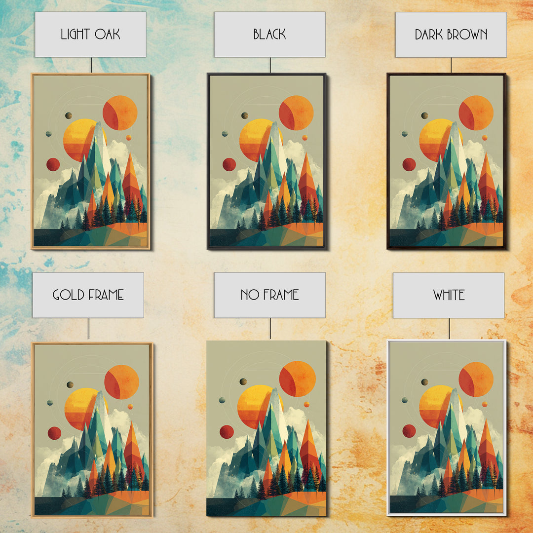 Planets Over Crystal Peaks Canvas Print, Midcentury Modern Space Mountain Wall Art, Retro Geometric MCM Decor For Living Room
