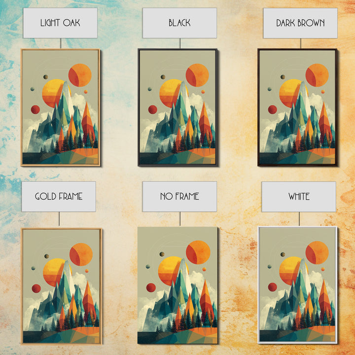 Planets Over Crystal Peaks Canvas Print, Midcentury Modern Space Mountain Wall Art, Retro Geometric MCM Decor For Living Room