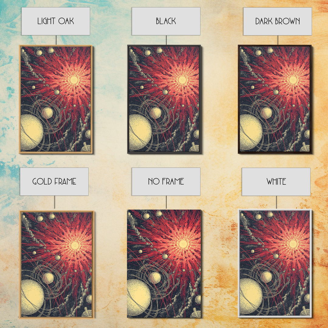 Red Cosmic Sunburst With Orbiting Planets Wall Art, Midcentury Modern Art, Retro Space Poster, Atomic Abstract Decor Prints