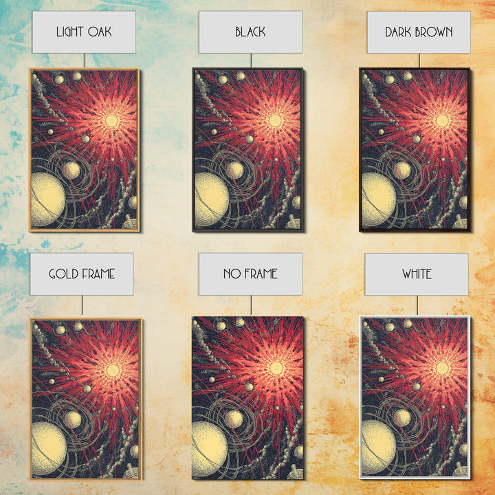 Red Cosmic Sunburst With Orbiting Planets Wall Art, Midcentury Modern Art, Retro Space Poster, Atomic Abstract Decor Prints