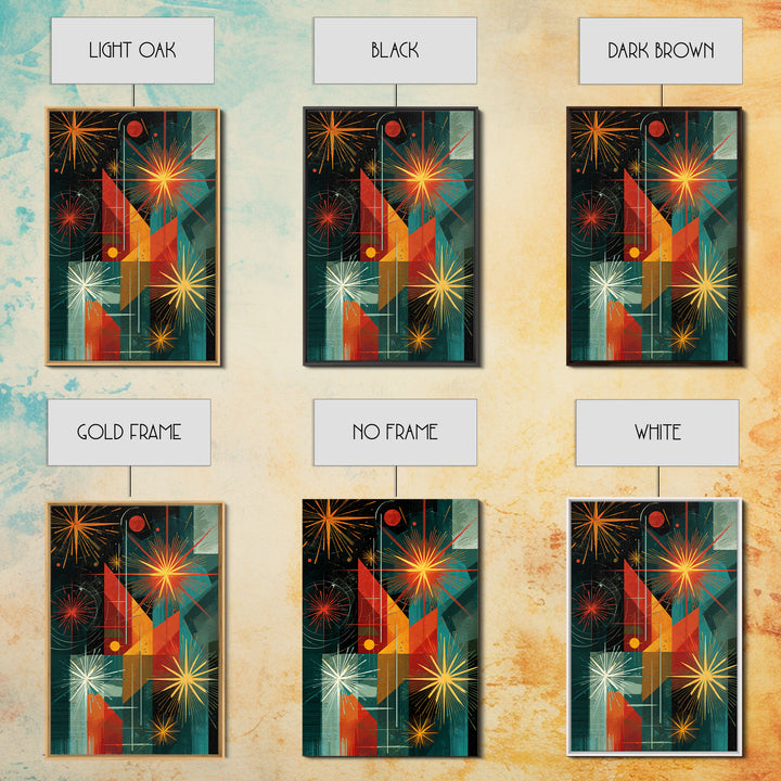 Teal Orange Geometric Fireworks Wall Art, Midcentury Modern Art, Atomic Retro Decor, Bold MCM Wall Decor Poster Print Gift
