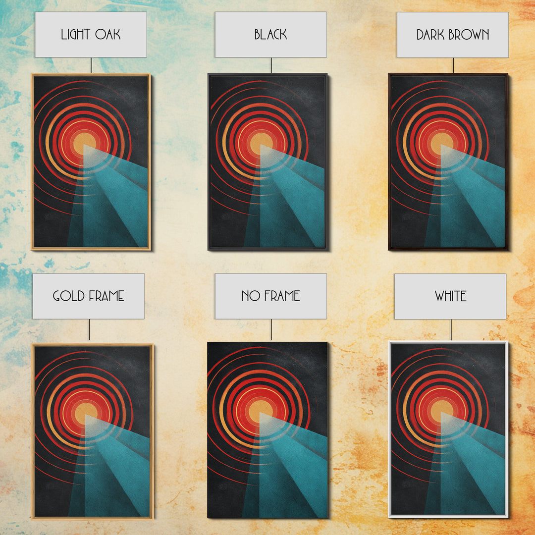 Red Target Sun With Blue Light Beams Wall Art, Modern Abstract Art, Retro Space Poster, Geometric Home Decor Print Gift Idea