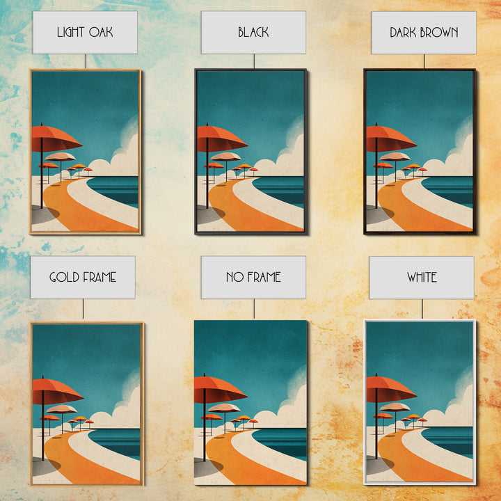 Orange Umbrella Boardwalk Canvas Print, Midcentury Modern Wall Art, Retro Beach Poster, Coastal MCM Home Decor, Palm Springs Style