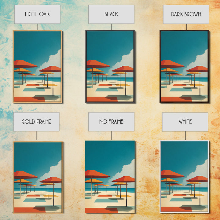 Retro Orange Beach Umbrellas Wall Art, Midcentury Modern Canvas Print, Coastal Poster, Bold MCM Living Room Home Wall Decor