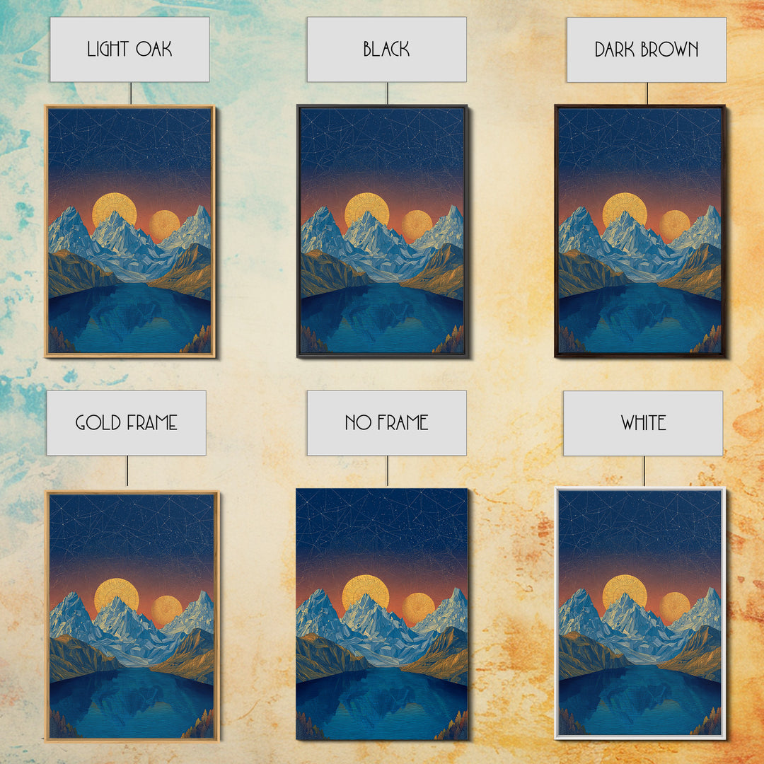 Starry Alpine Lake Framed Canvas Print, Blue Mountain Sunset Wall Art, Midcentury Modern Travel Poster For Cabin Home Decor
