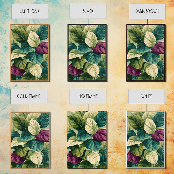 Lush Tropical Calathea Leaves Framed Canvas Print, Botanical Wall Art, Green Purple Nature Decor, Modern Home Art Prints