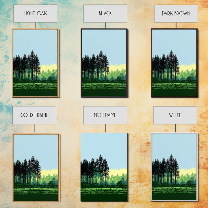 Pine Forest Silhouette Wall Art, Green Meadow Landscape Print, Scenic Nature Decor, Modern Cabin Office Wall Decor, Home Decor