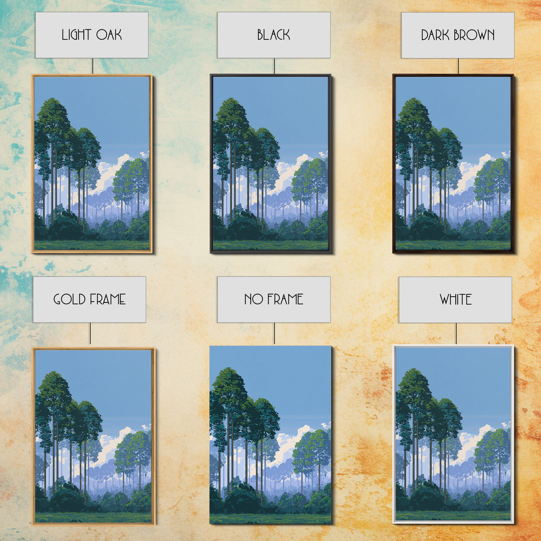 Misty Tall Pine Forest Canvas Print, Blue Sky Landscape Art, Scenic Nature Wall Decor, Modern Office Living Room Art Print