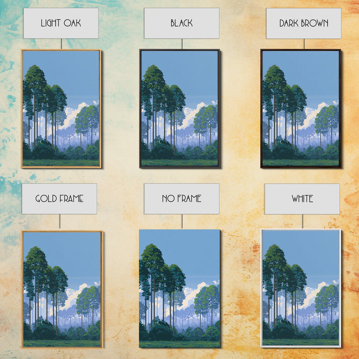 Misty Tall Pine Forest Canvas Print, Blue Sky Landscape Art, Scenic Nature Wall Decor, Modern Office Living Room Art Print