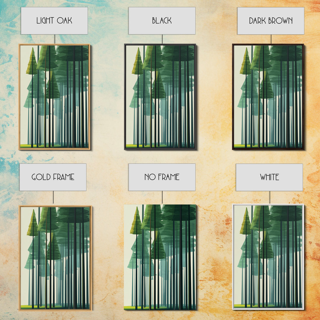 Minimalist Green Pine Grove Wall Art, Abstract Tall Tree Canvas Print, Scandinavian Nature Decor, Modern Forest Poster Art