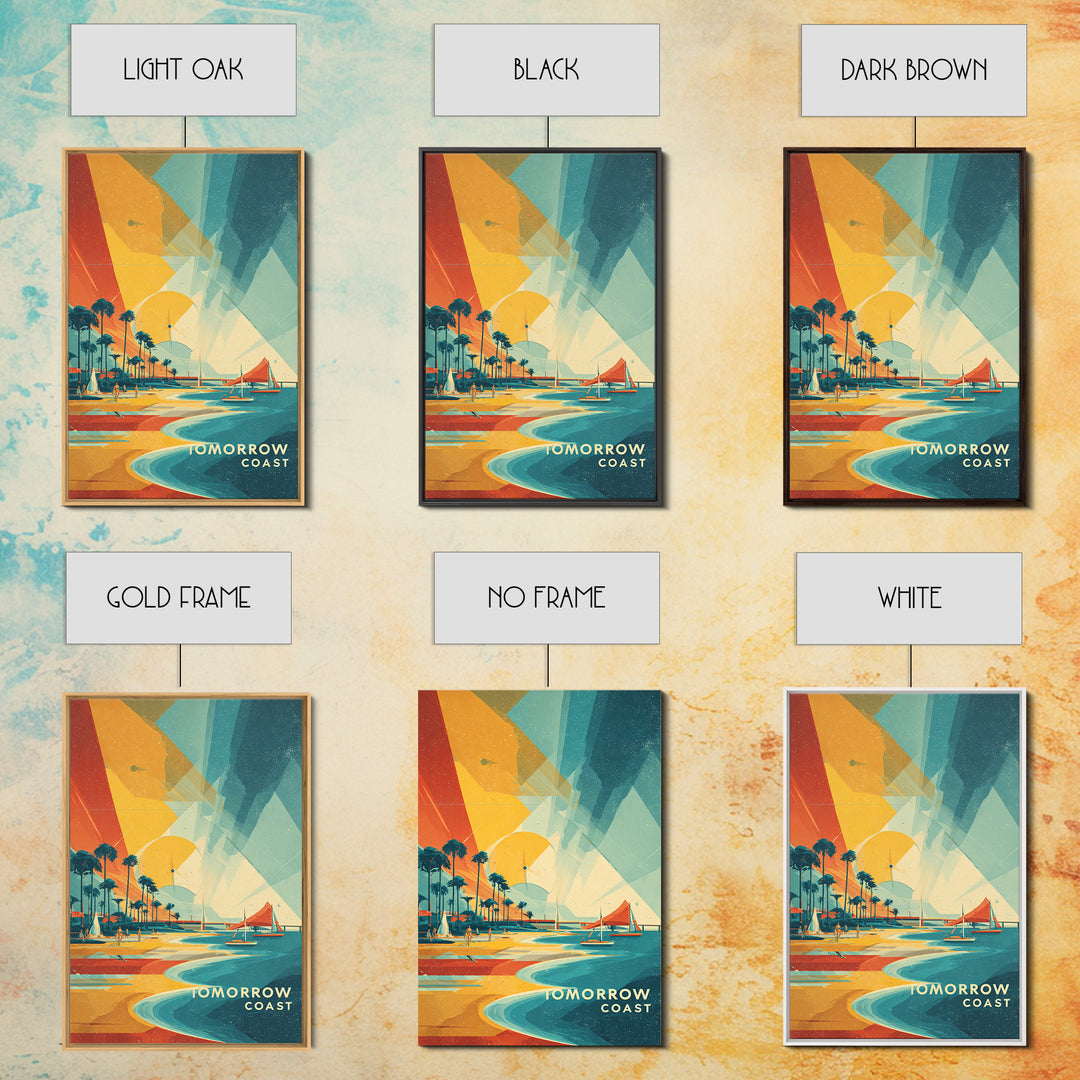 Tomorrow Coast Futuristic Beach Wall Art, Retro Travel Poster, Palm Springs Sailboat Canvas Print, Midcentury Modern Home Decor