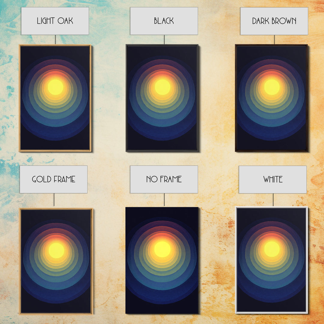Radiant Yellow Concentric Sun Canvas Print, Midcentury Modern Art, Cosmic Abstract Wall Decor, Blue Retro Living Room Poster