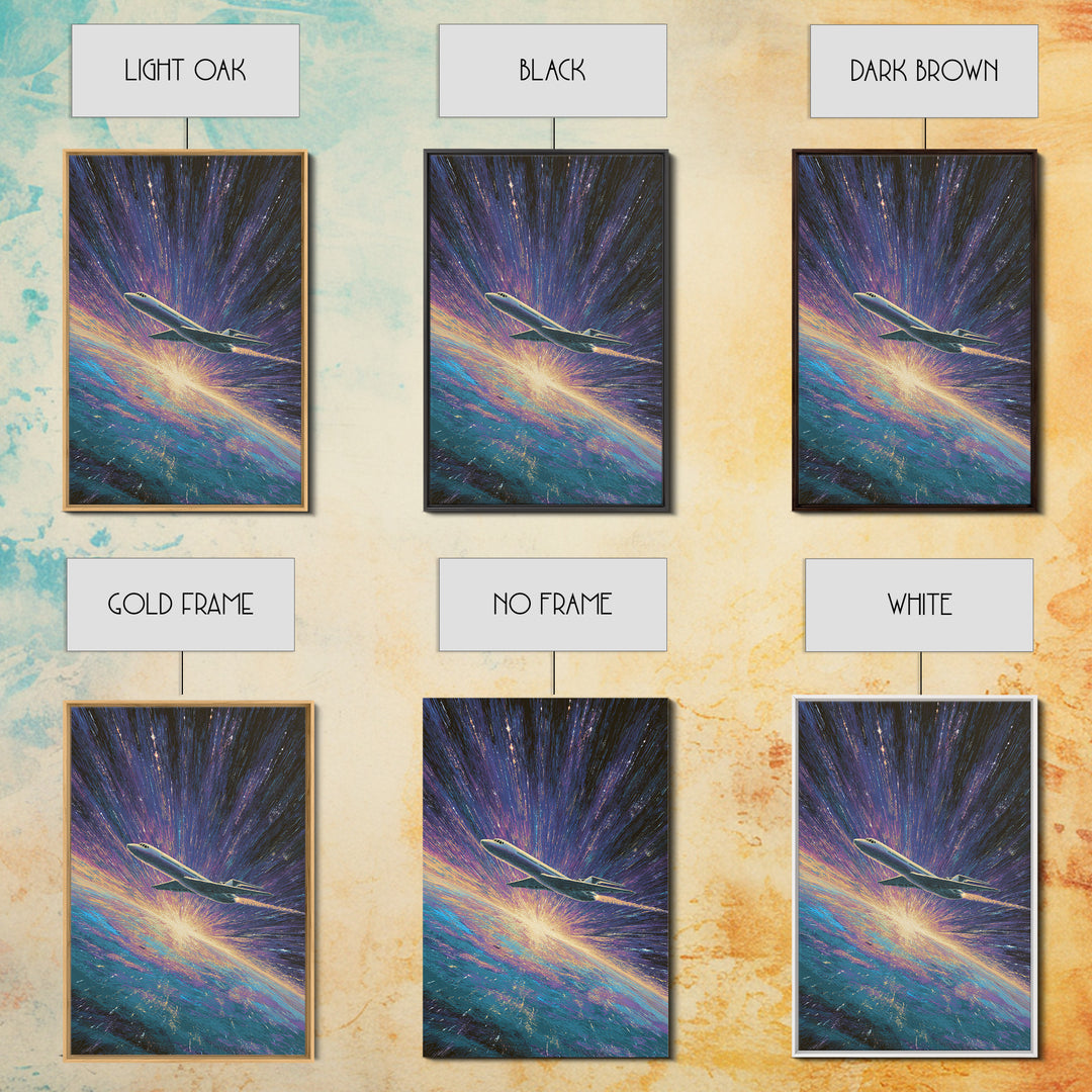Cosmic Airplane Warp Speed Wall Art, Retro Sci Fi Travel Poster, Modern Art Print, Colorful Space Abstract Office Decor Art