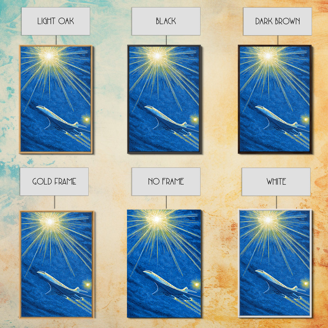 Blue Jet Under Radiant Starburst Framed Canvas Print, Retro Travel Poster, Midcentury Modern Wall Art, Aviation Office Decor