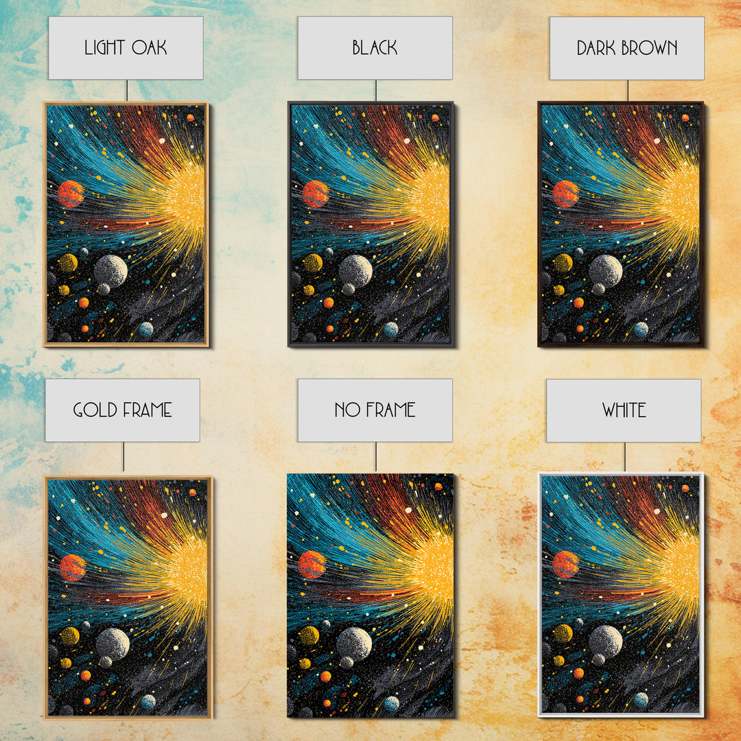 Exploding Solar System With Colorful Planets Framed Canvas Print, Midcentury Modern Wall Art, Retro Space Decor Poster Gift