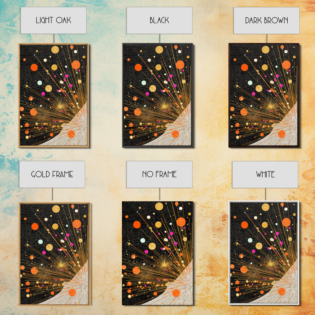 Orange Planet Burst On Black Canvas Print, Midcentury Modern Wall Art, Atomic Retro Space Poster, Geometric Office Decor