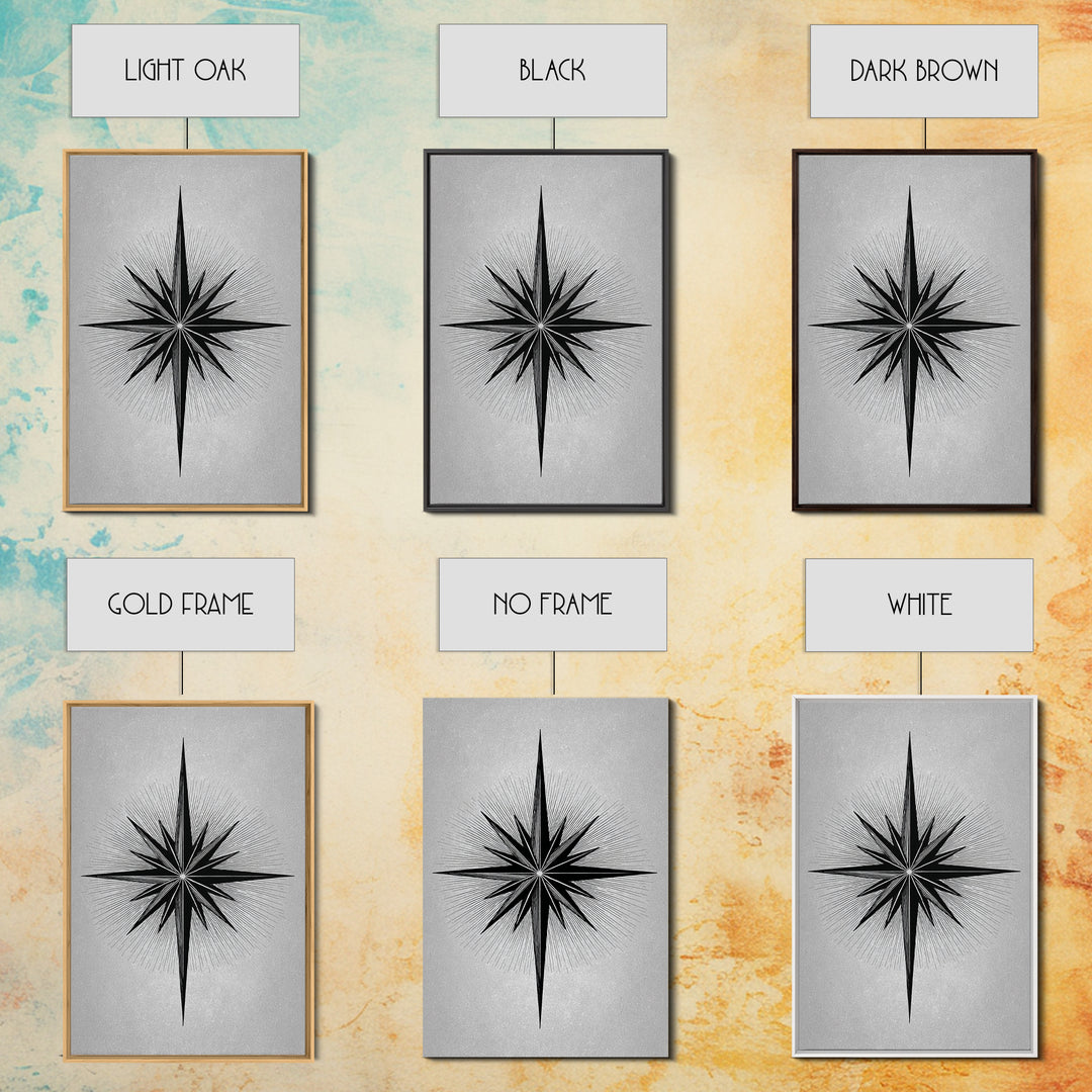 Black Compass Starburst Framed Canvas Print, Midcentury Modern Art, Geometric Wall Decor, Minimalist Art Print, Retro Decor