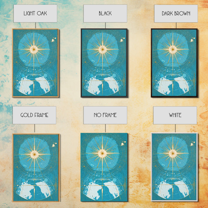 Turquoise Celestial Earth Sunburst Wall Art, Midcentury Modern Space Poster, Atomic Retro Map Print, Blue Office Decor Gift