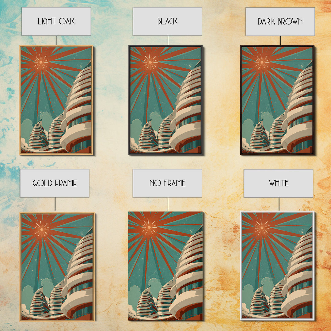 Retro Futurist Towers Wall Art, Midcentury Modern Art, Architectural Art, Palm Springs Art, Travel Poster, Teal Orange Decor