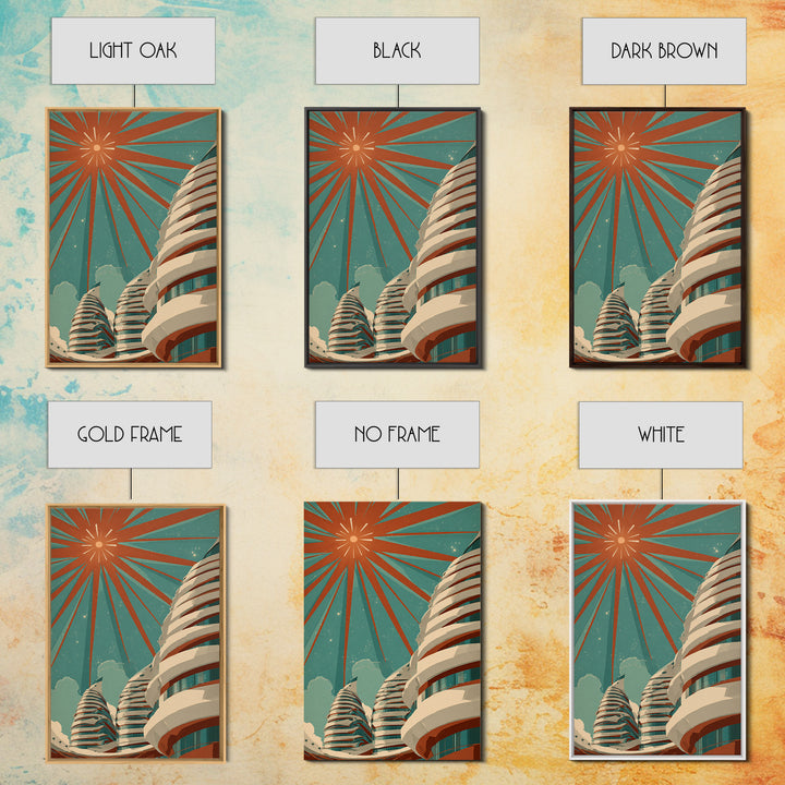 Retro Futurist Towers Wall Art, Midcentury Modern Art, Architectural Art, Palm Springs Art, Travel Poster, Teal Orange Decor