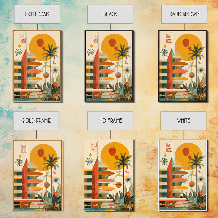 Atomic Hotel With Palms And Sun Canvas Print, Midcentury Modern Wall Art, Retro Palm Springs Poster, Tropical MCM Home Decor