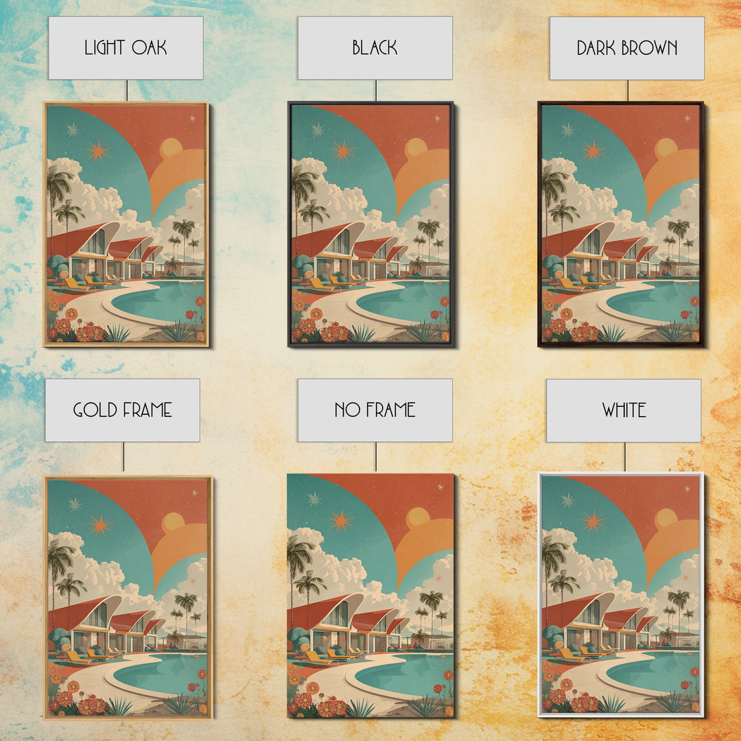 Retro Palm Springs Pool Homes Framed Canvas Print, Midcentury Modern Wall Art, Atomic Ranch Decor, Tropical Sunset Poster
