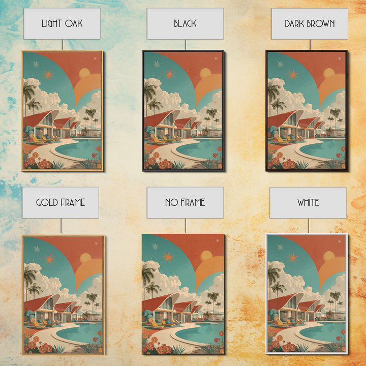 Retro Palm Springs Pool Homes Framed Canvas Print, Midcentury Modern Wall Art, Atomic Ranch Decor, Tropical Sunset Poster