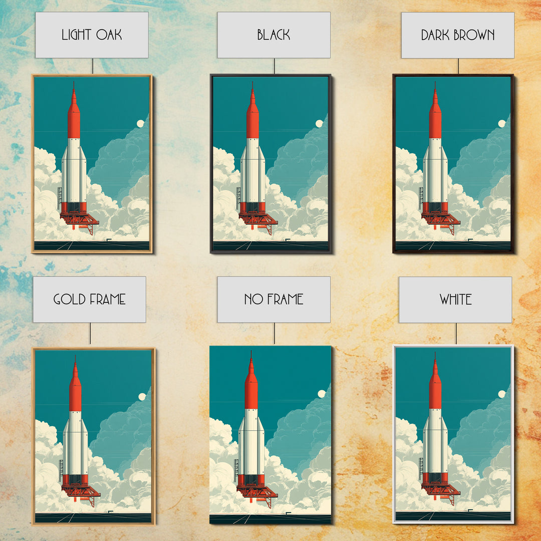 Red Rocket Lift Off In Teal Sky Canvas Print, Retro Space Wall Art, Midcentury Modern Sci Fi Poster, Boys Room Decor Gift
