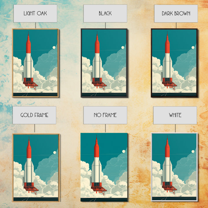 Red Rocket Lift Off In Teal Sky Canvas Print, Retro Space Wall Art, Midcentury Modern Sci Fi Poster, Boys Room Decor Gift