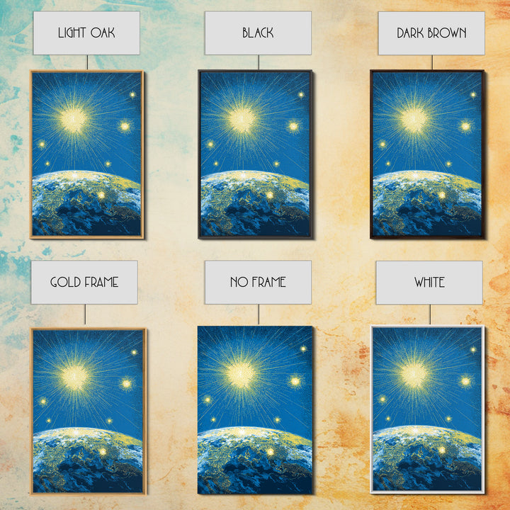 Radiant Earth Horizon Starfield Canvas Print, Midcentury Modern Space Art, Retro Sci Fi Poster, Blue Living Room Decor Gift