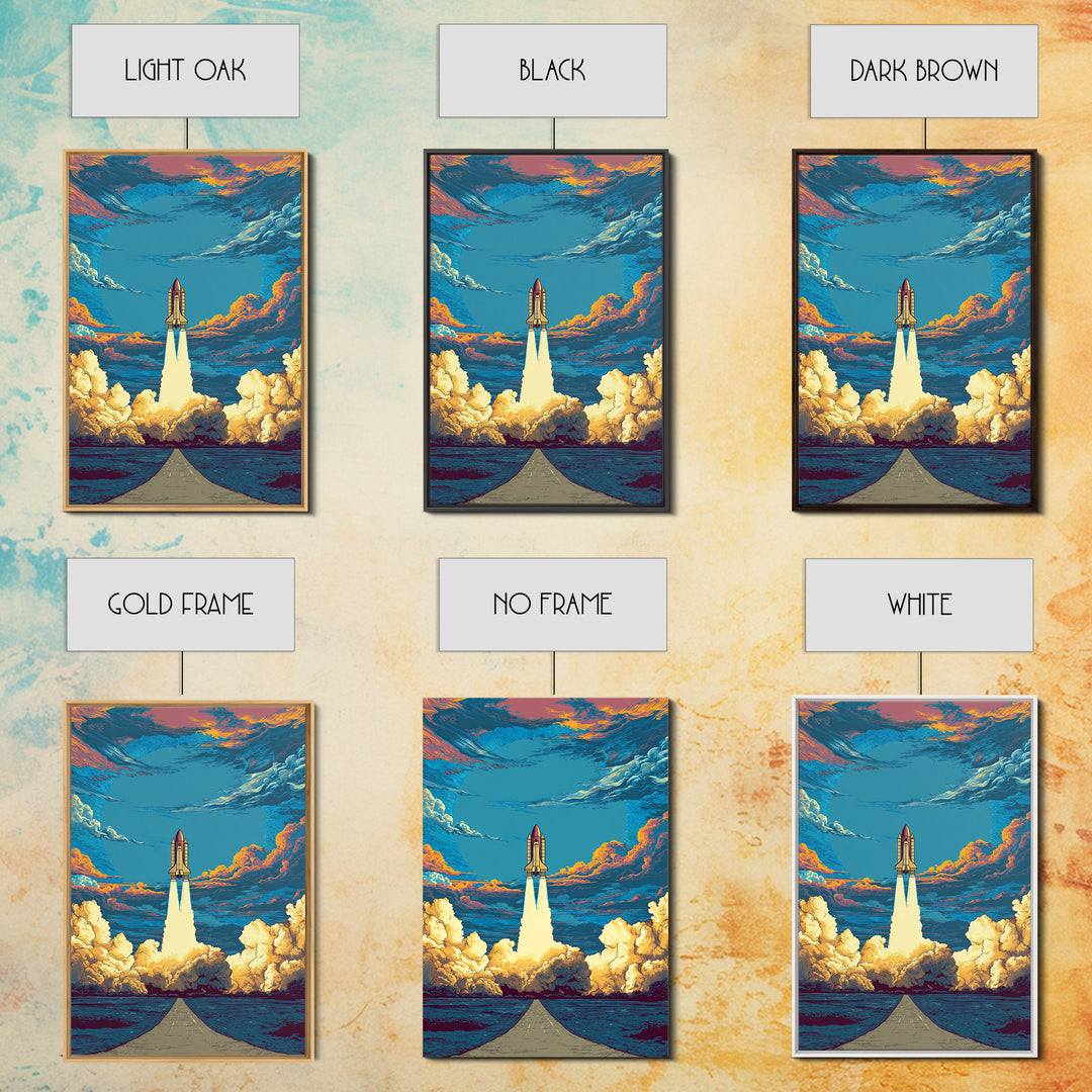 Space Shuttle Rising Over Ocean Road Framed Canvas Print, Retro Sci Fi Wall Art, Modern Space Poster, Dramatic Cloud Decor