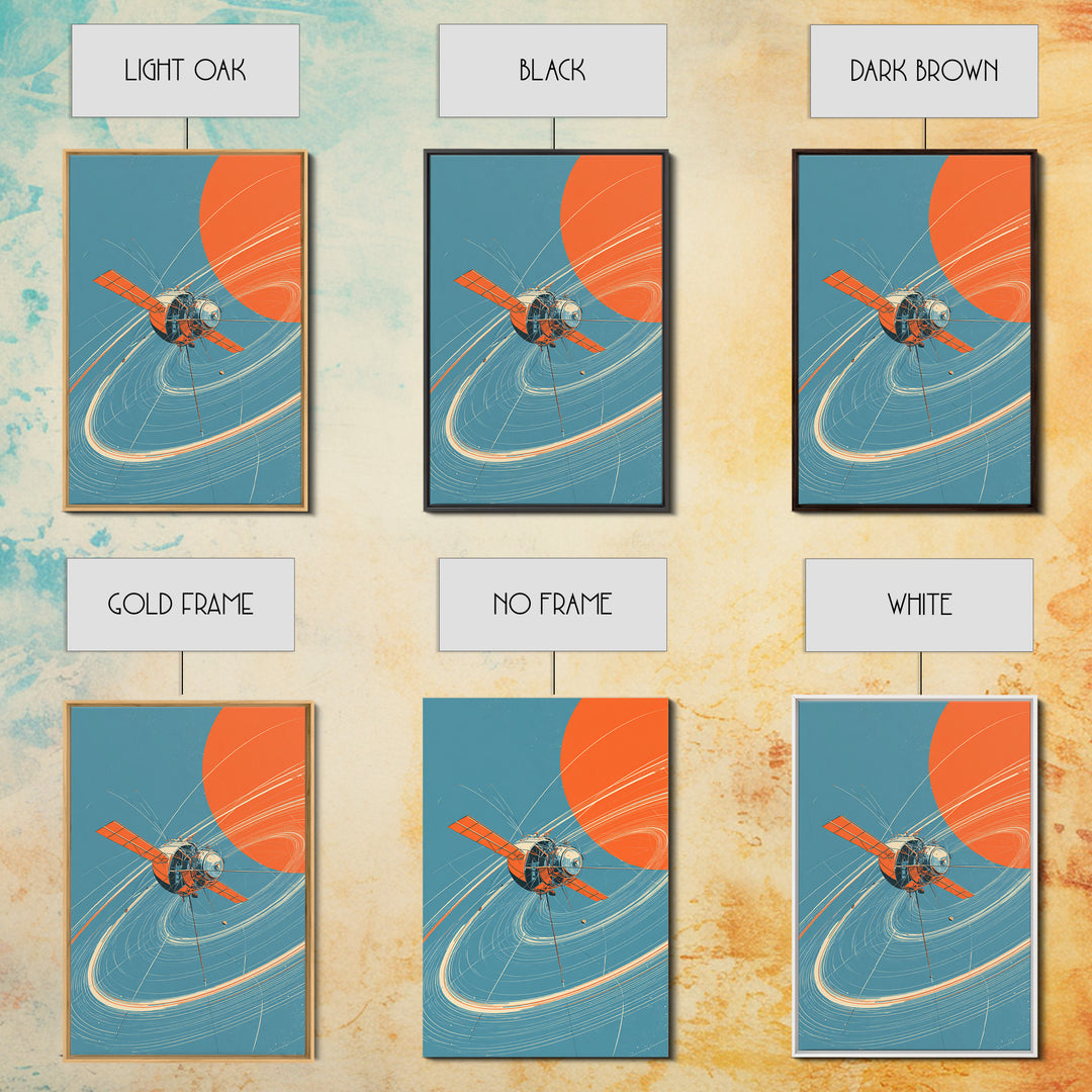 Retro Satellite With Orange Sun, Cosmic Orbit Wall Art, Mid Century Modern Space Poster, Sci Fi Decor, MCM Home Print Gift