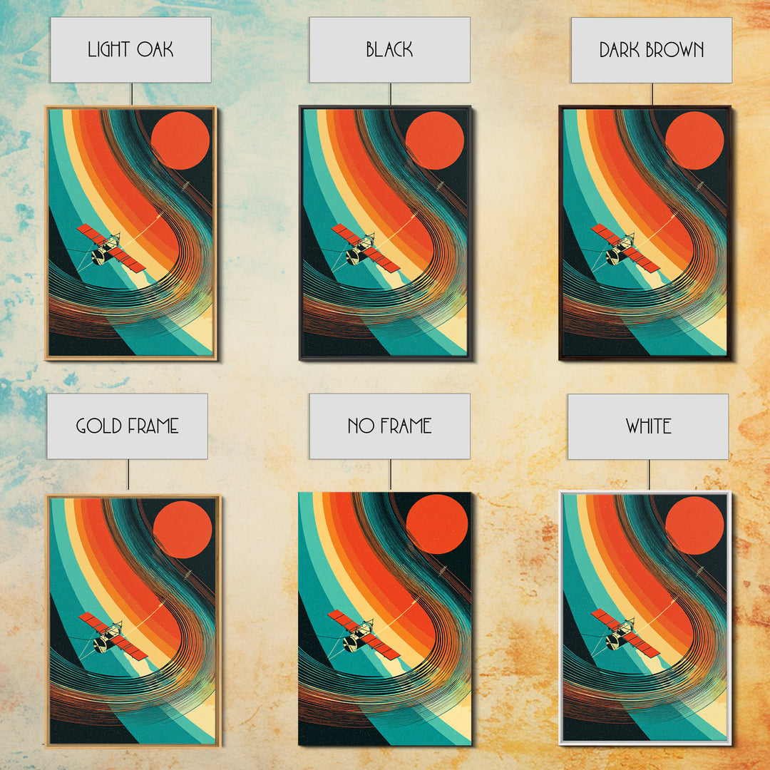 Satellite By Rainbow Planetary Rings, Red Sun Canvas Print, Retro Sci Fi Space Poster, Mid Century Modern Wall Decor Gift