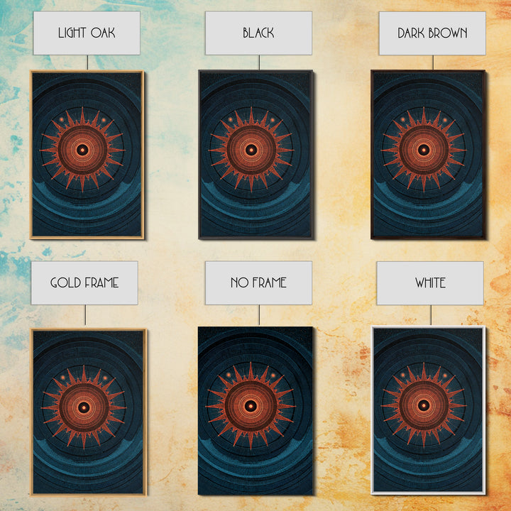 Mystic Solar Eclipse Compass Mandala Wall Art, Retro Sci Fi Poster, Modern Abstract Art Print, Teal Orange MCM Decor Gift