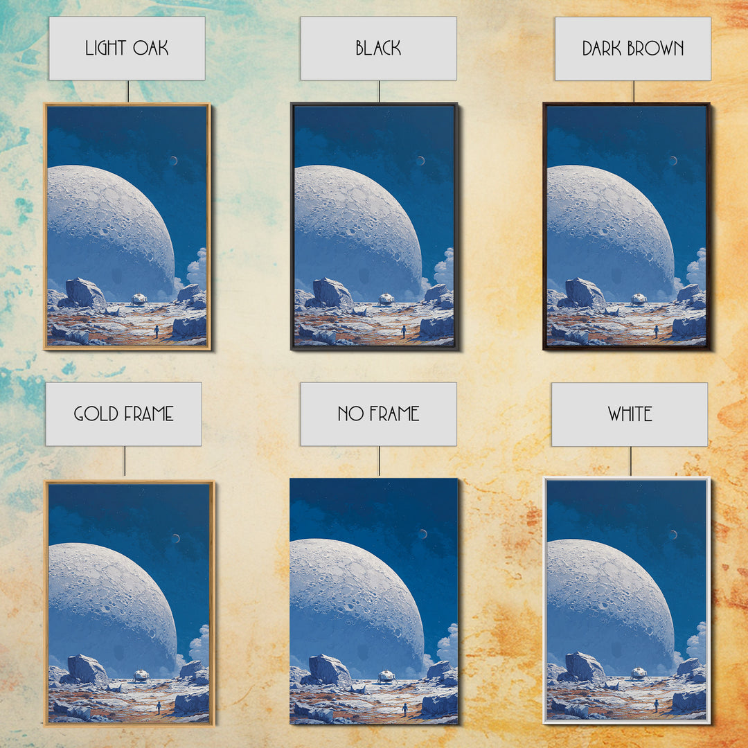 Blue Lunar Base With Astronaut Wall Art, Giant Moon Sci Fi Poster, Modern Space Landscape, Retro Futuristic Room Decor Print