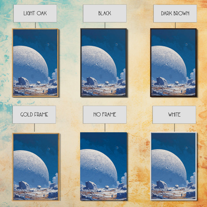 Blue Lunar Base With Astronaut Wall Art, Giant Moon Sci Fi Poster, Modern Space Landscape, Retro Futuristic Room Decor Print