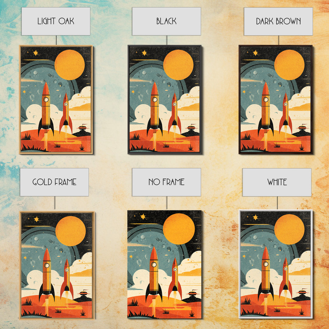 Orange Atomic Rockets And Sun Wall Art, Retro Space Age Poster, Midcentury Modern Sci Fi Decor, Bold MCM Canvas Print Gift