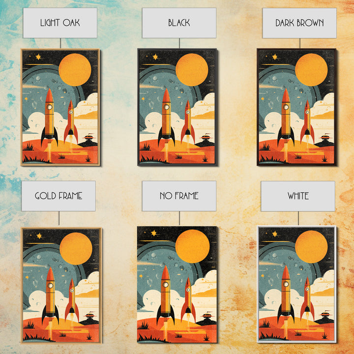Orange Atomic Rockets And Sun Wall Art, Retro Space Age Poster, Midcentury Modern Sci Fi Decor, Bold MCM Canvas Print Gift