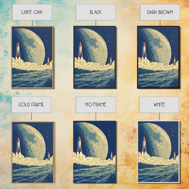 Rockets Launch From Lunar Waves Canvas Print, Giant Moon Sci Fi Poster, Retro Futuristic Wall Art, Space Age Room Decor Print