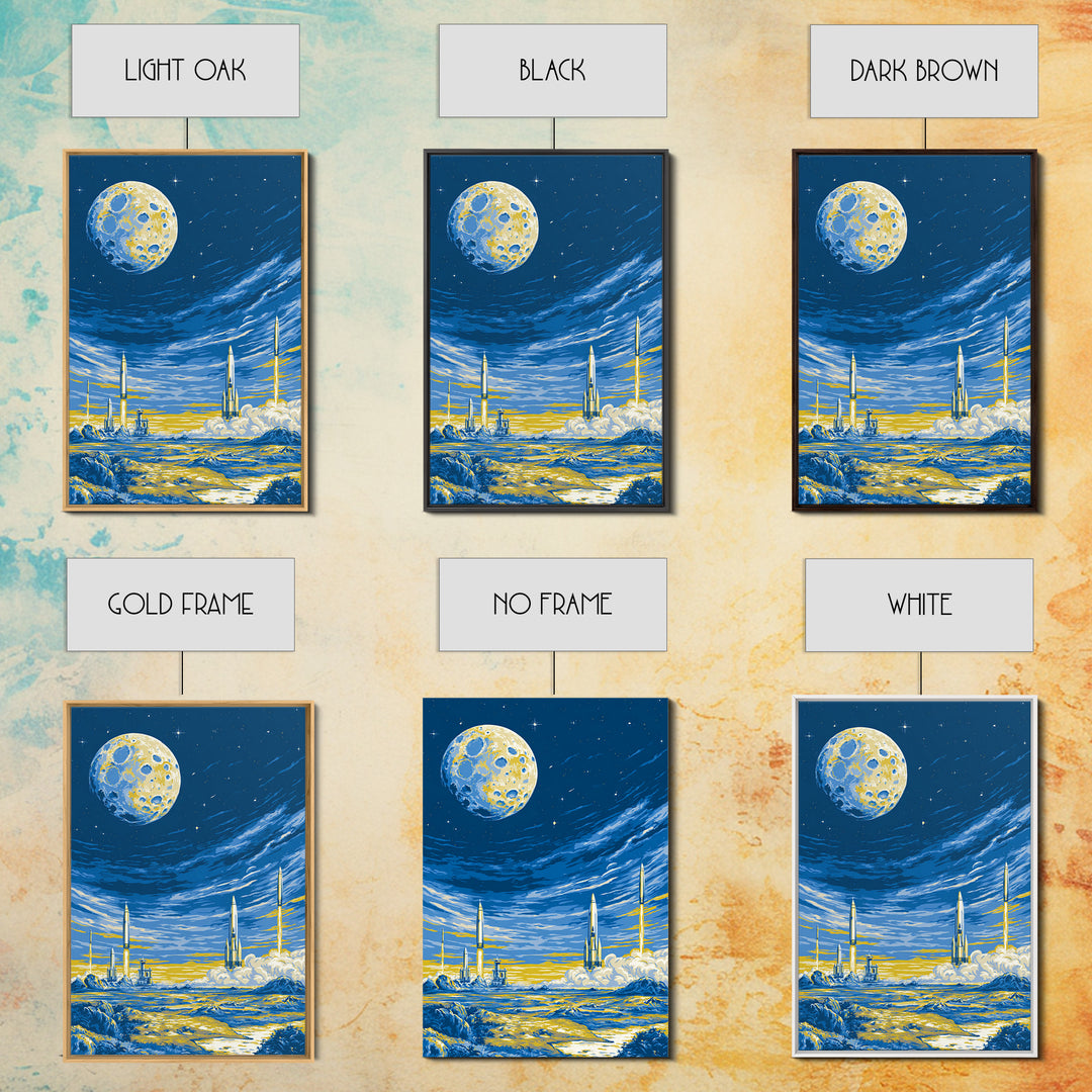 Blue Moon Rocket Colony Wall Art, Yellow Lunar Landscape Poster, Retro Sci Fi Space Decor, Midcentury Modern Room Print Gift