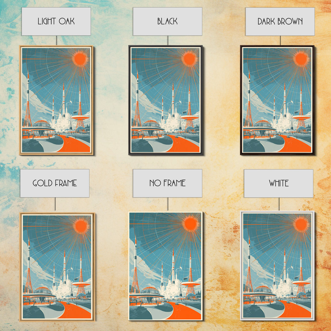 Retro Futuristic Rocket City Wall Art, Orange Sun Spaceport Poster, Midcentury Modern Sci Fi Decor, Atomic Ranch Print Gift