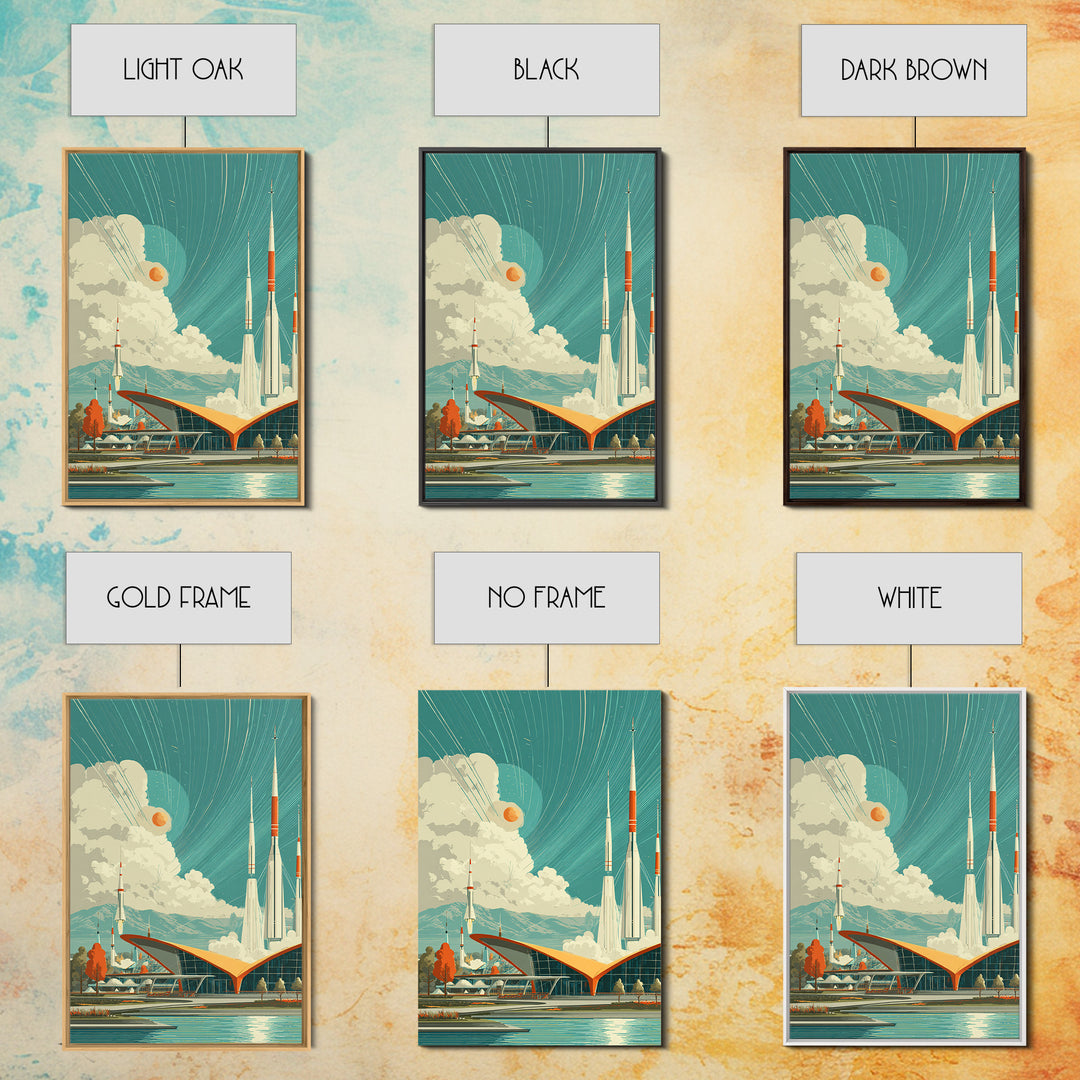 Retro Futuristic Rocket Spaceport With Teal Sky Wall Art, Mid Century Modern Sci Fi Poster, Atomic MCM Space Decor Print