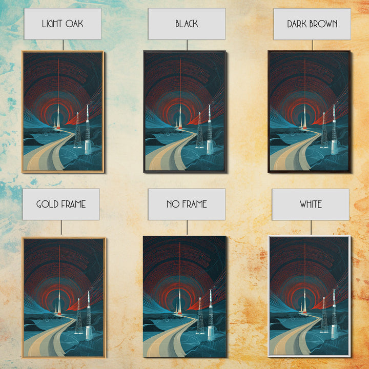 Desert Road To Rocket Launch Wall Art, Mid Century Modern Sci Fi Poster, Retro Space Travel Print, Atomic MCM Home Decor
