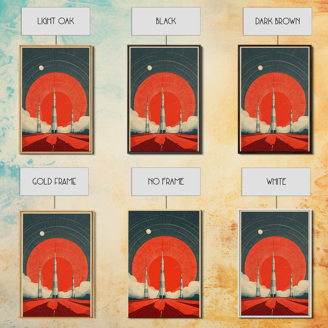 Giant Red Sun Rocket Launch Canvas Print, Mid Century Modern Sci Fi Poster, Atomic Space Art, Retro MCM Wall Decor Print