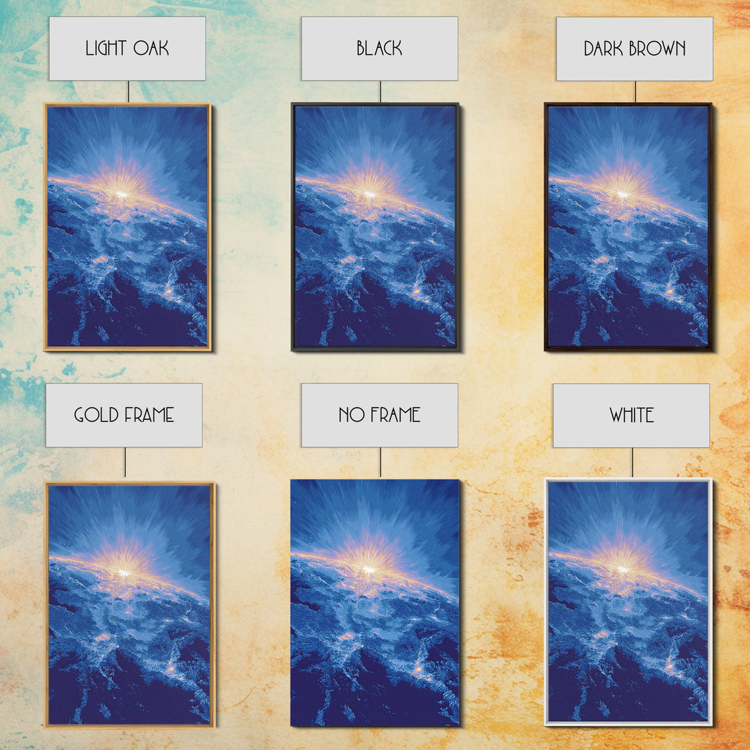 Blue Cosmic Earth Sunrise Framed Canvas Print, Modern Abstract Space Art, Midcentury Poster, Galaxy Home Office Decor Gift