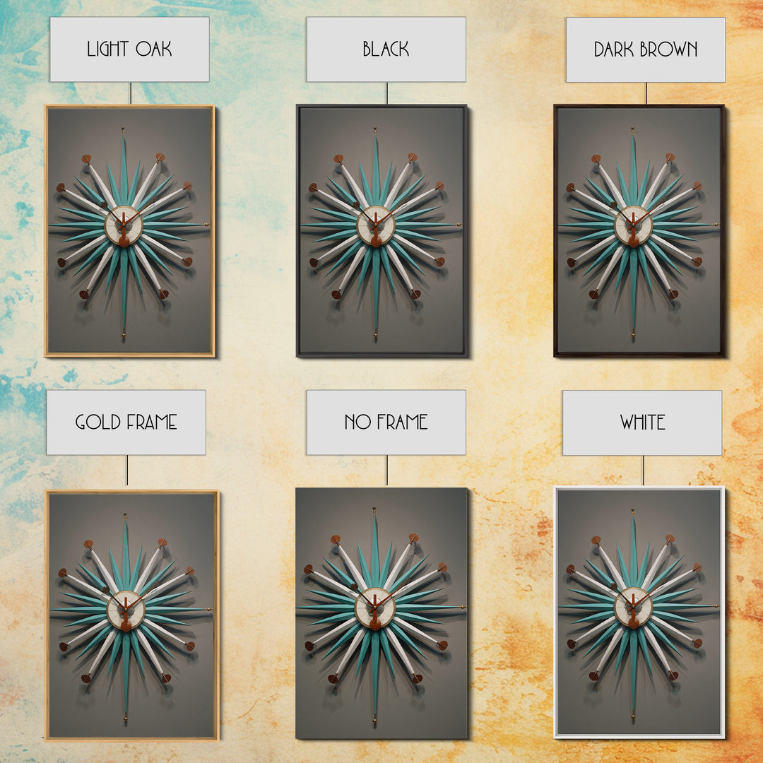Teal White Atomic Starburst Clock Wall Art, Mid Century Modern Decor, Retro Wall Decor, Geometric Art Print, MCM Home Decor
